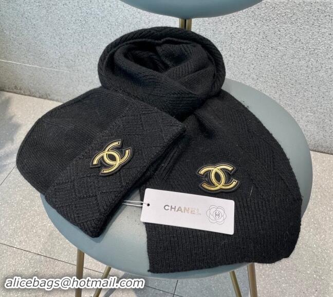 Luxury Cheap Chanel Cashmere Knit Long Scarf and Hat Set CH102112 Black 2024