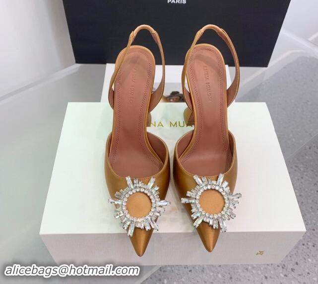 Perfect Amina Muaddi Begum Embellished Slingback Pumps 9.5 cm in Silk and Crystals Brown 4051301