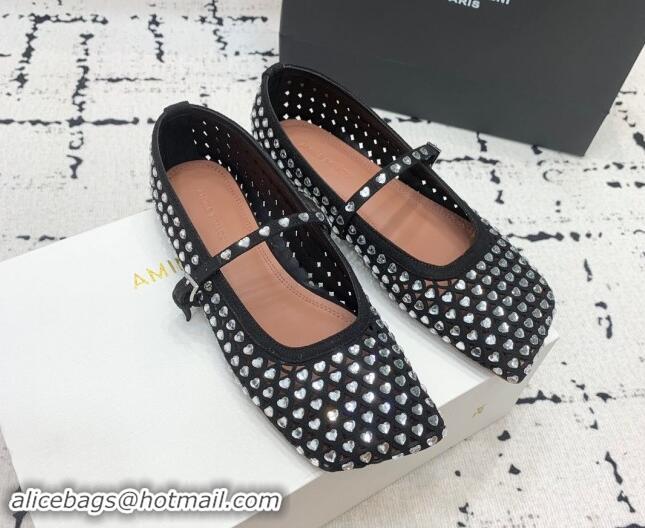 Unique Style Amina Muaddi Ane Heart Strass Ballet Flat in Suede Black 704095