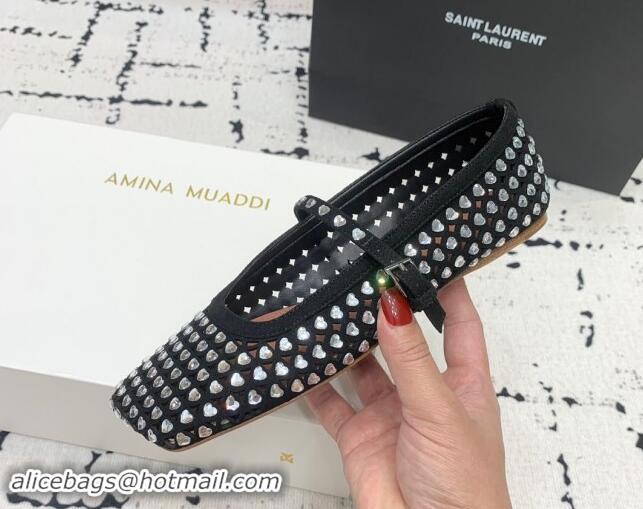 Unique Style Amina Muaddi Ane Heart Strass Ballet Flat in Suede Black 704095