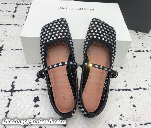 Unique Style Amina Muaddi Ane Heart Strass Ballet Flat in Suede Black 704095