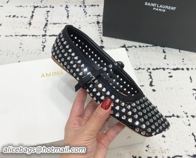 Unique Style Amina Muaddi Ane Heart Strass Ballet Flat in Suede Black 704095