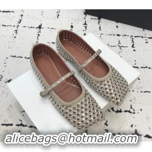 Top Grade Amina Muaddi Ane Heart Strass Ballet Flat in Suede Grey 0704096