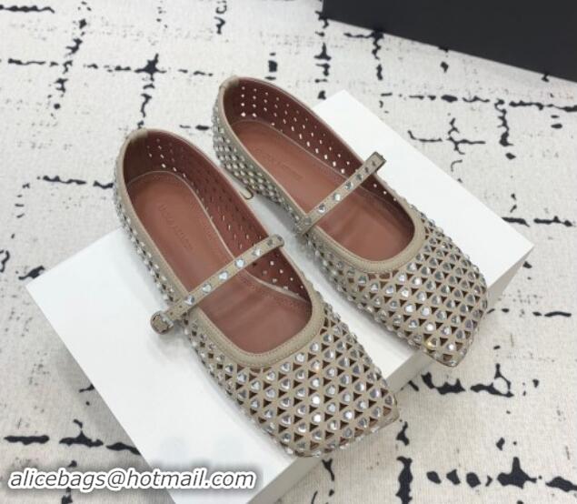 Top Grade Amina Muaddi Ane Heart Strass Ballet Flat in Suede Grey 0704096