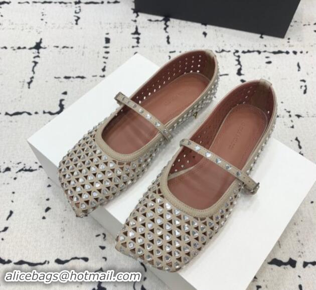 Top Grade Amina Muaddi Ane Heart Strass Ballet Flat in Suede Grey 0704096