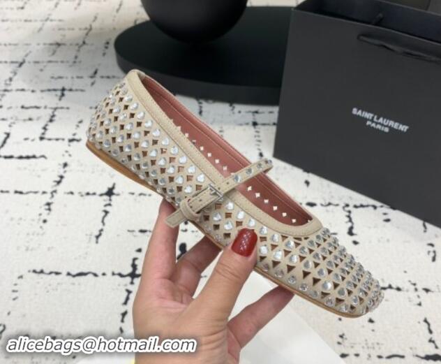 Top Grade Amina Muaddi Ane Heart Strass Ballet Flat in Suede Grey 0704096