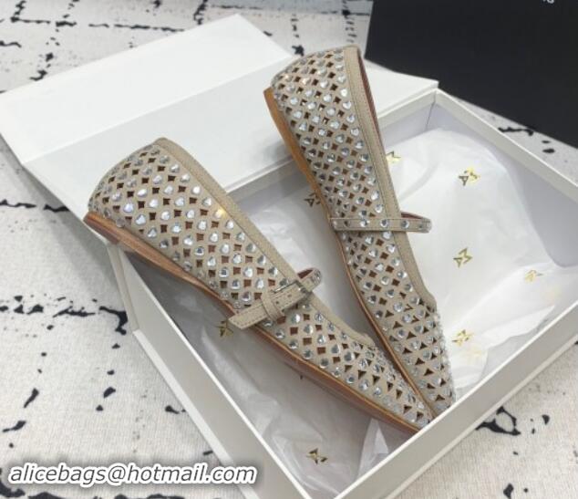 Top Grade Amina Muaddi Ane Heart Strass Ballet Flat in Suede Grey 0704096