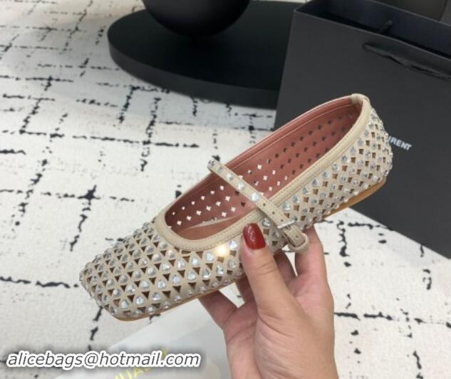 Top Grade Amina Muaddi Ane Heart Strass Ballet Flat in Suede Grey 0704096