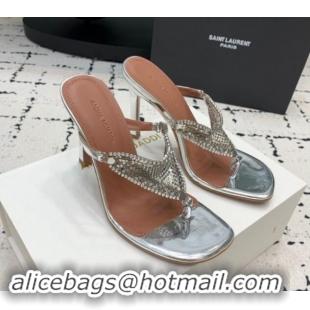 Best Product Amina Muaddi High Heel Thong Slide Sandals 9.5cm in Strass and Calfskin Silver 719114