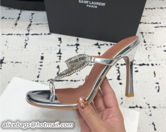 Best Product Amina Muaddi High Heel Thong Slide Sandals 9.5cm in Strass and Calfskin Silver 719114