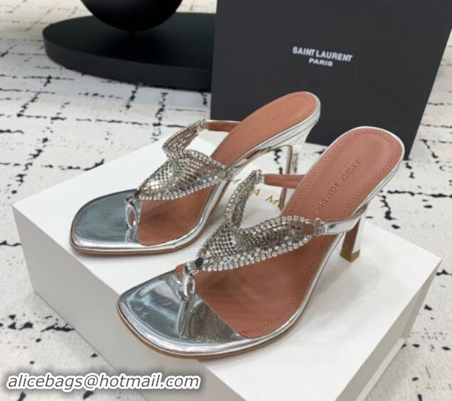 Best Product Amina Muaddi High Heel Thong Slide Sandals 9.5cm in Strass and Calfskin Silver 719114