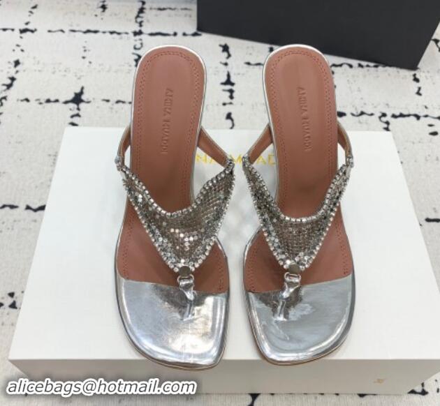 Best Product Amina Muaddi High Heel Thong Slide Sandals 9.5cm in Strass and Calfskin Silver 719114