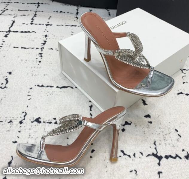 Best Product Amina Muaddi High Heel Thong Slide Sandals 9.5cm in Strass and Calfskin Silver 719114