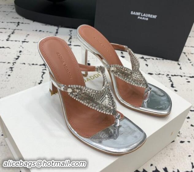 Best Product Amina Muaddi High Heel Thong Slide Sandals 9.5cm in Strass and Calfskin Silver 719114