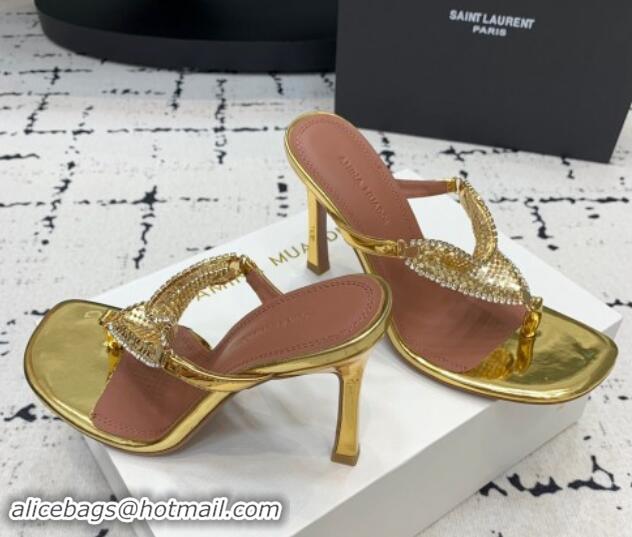 Good Looking Amina Muaddi High Heel Thong Slide Sandals 9.5cm in Strass and Calfskin Gold 719115