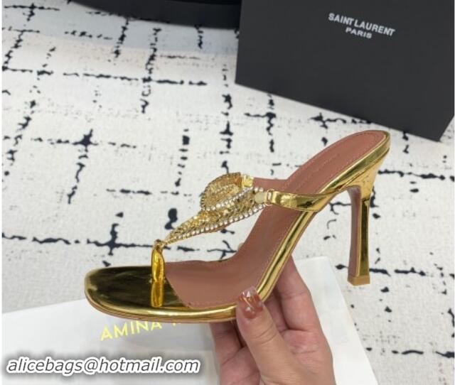 Good Looking Amina Muaddi High Heel Thong Slide Sandals 9.5cm in Strass and Calfskin Gold 719115