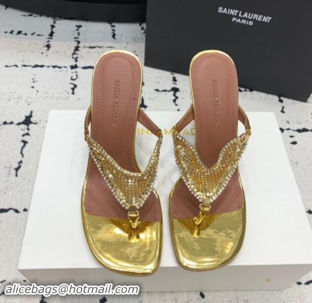 Good Looking Amina Muaddi High Heel Thong Slide Sandals 9.5cm in Strass and Calfskin Gold 719115