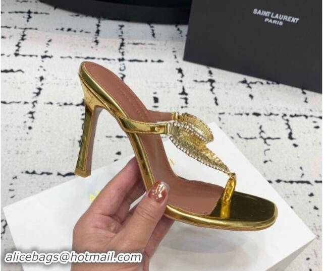 Good Looking Amina Muaddi High Heel Thong Slide Sandals 9.5cm in Strass and Calfskin Gold 719115