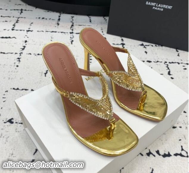 Good Looking Amina Muaddi High Heel Thong Slide Sandals 9.5cm in Strass and Calfskin Gold 719115