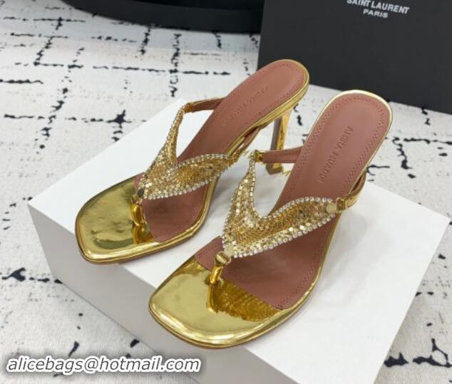 Good Looking Amina Muaddi High Heel Thong Slide Sandals 9.5cm in Strass and Calfskin Gold 719115