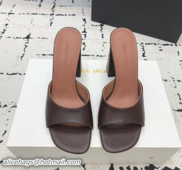 Shop Duplicate Amina Muaddi Brigitte High Heel Slide Sandals 9.5cm in Nappa Calfskin Brown 719118