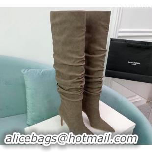 Luxurious Amina Muaddi Jahleel High Boots 9.5cm in Denim Khaki Grey 903001