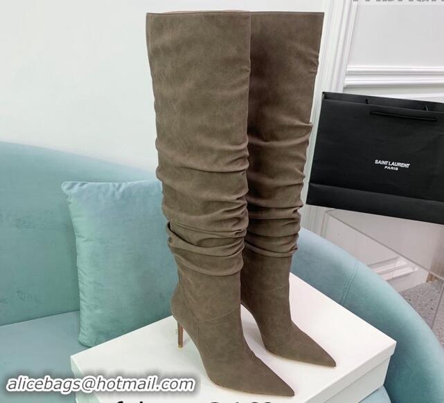 Luxurious Amina Muaddi Jahleel High Boots 9.5cm in Denim Khaki Grey 903001