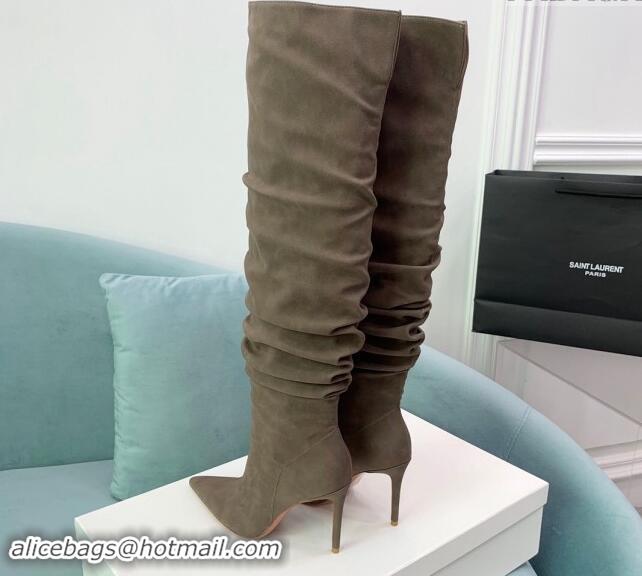 Luxurious Amina Muaddi Jahleel High Boots 9.5cm in Denim Khaki Grey 903001