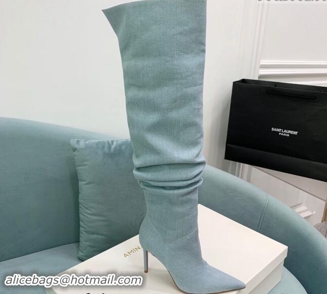 Popular Style Amina Muaddi Jahleel High Boots 9.5cm in Denim Pale Blue 903002