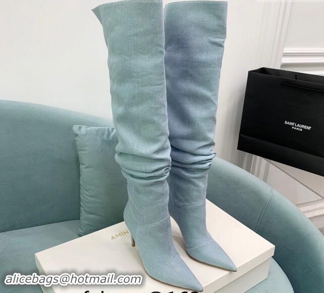 Popular Style Amina Muaddi Jahleel High Boots 9.5cm in Denim Pale Blue 903002