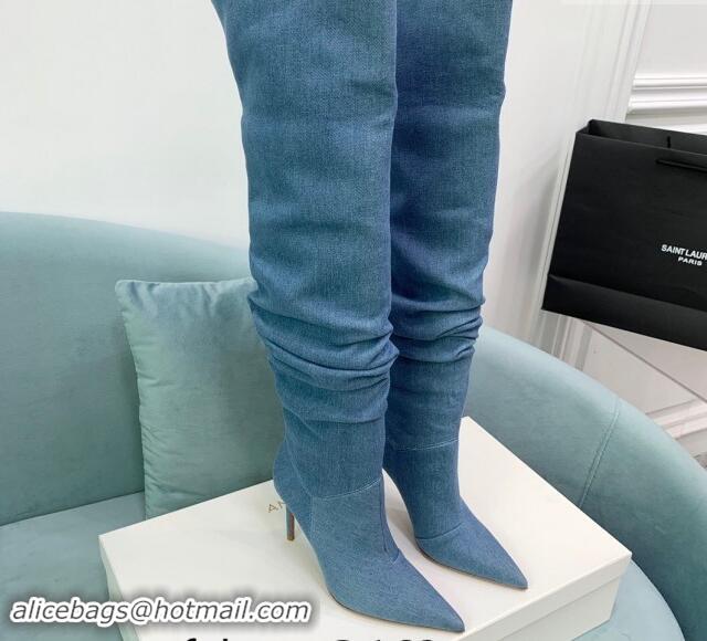 Charming Amina Muaddi Jahleel High Boots 9.5cm in Denim Medium Blue 903003