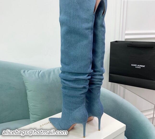 Charming Amina Muaddi Jahleel High Boots 9.5cm in Denim Medium Blue 903003