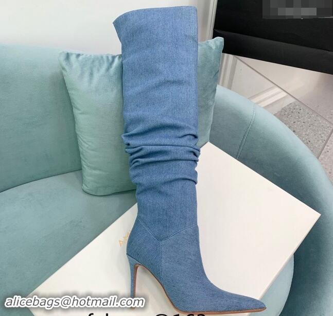 Charming Amina Muaddi Jahleel High Boots 9.5cm in Denim Medium Blue 903003