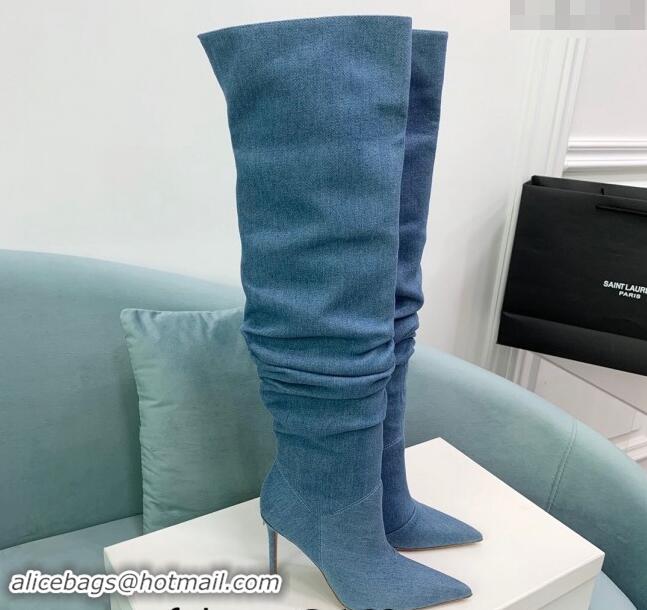 Charming Amina Muaddi Jahleel High Boots 9.5cm in Denim Medium Blue 903003