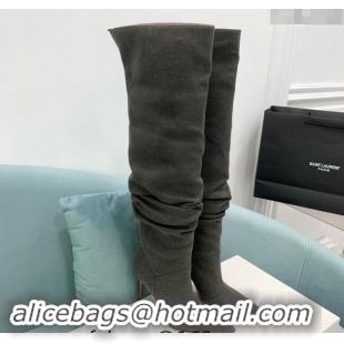 Luxury Cheap Amina Muaddi Jahleel High Boots 9.5cm in Denim Dark Grey 903004