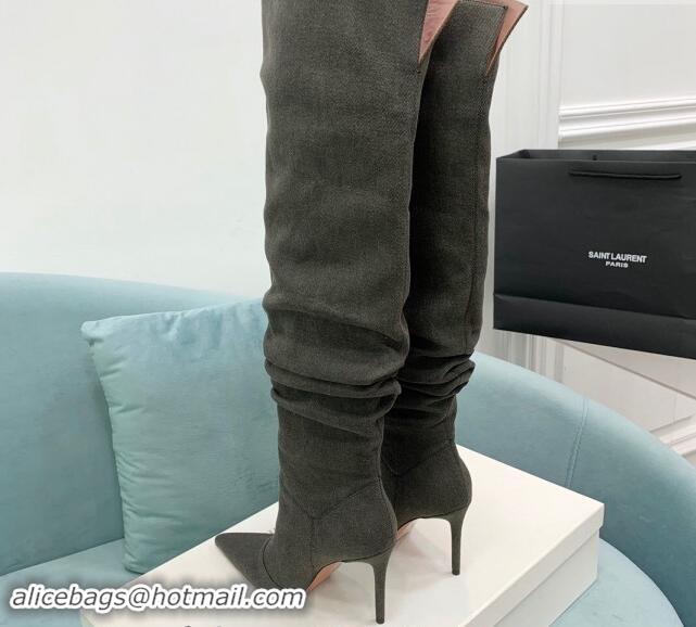 Luxury Cheap Amina Muaddi Jahleel High Boots 9.5cm in Denim Dark Grey 903004