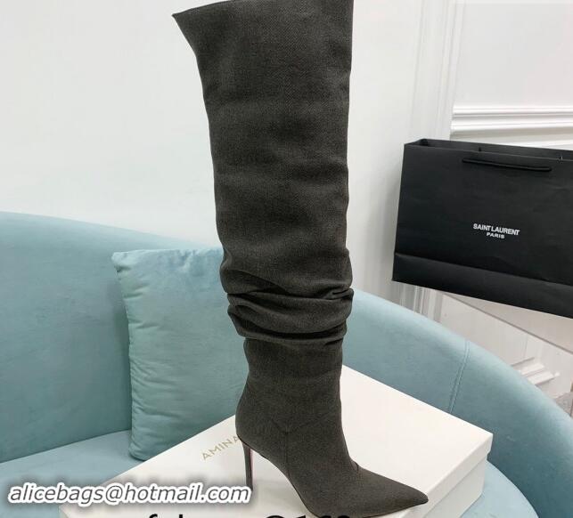 Luxury Cheap Amina Muaddi Jahleel High Boots 9.5cm in Denim Dark Grey 903004