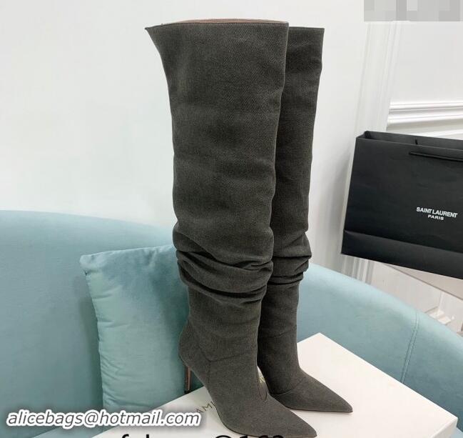 Luxury Cheap Amina Muaddi Jahleel High Boots 9.5cm in Denim Dark Grey 903004