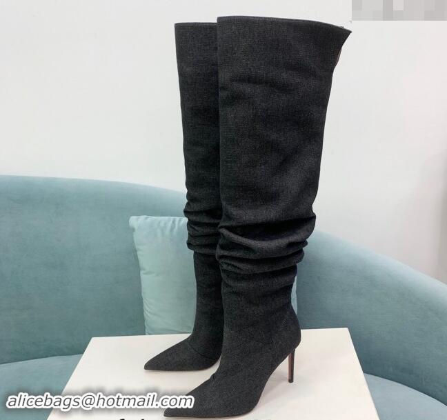 Pretty Style Amina Muaddi Jahleel High Boots 9.5cm in Denim Black 903005