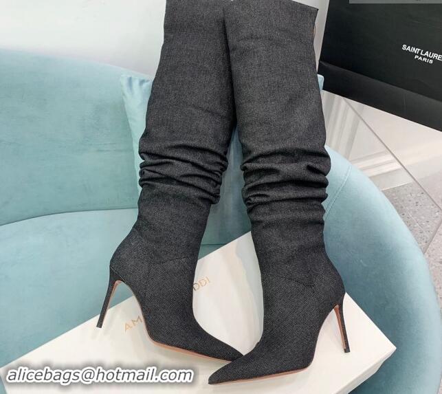 Pretty Style Amina Muaddi Jahleel High Boots 9.5cm in Denim Black 903005