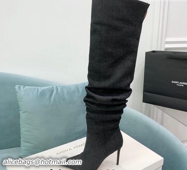 Pretty Style Amina Muaddi Jahleel High Boots 9.5cm in Denim Black 903005