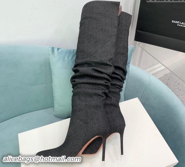 Pretty Style Amina Muaddi Jahleel High Boots 9.5cm in Denim Black 903005