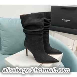 Stylish Amina Muaddi Jahleel Short Boots 9.5cm in Denim Black 903008