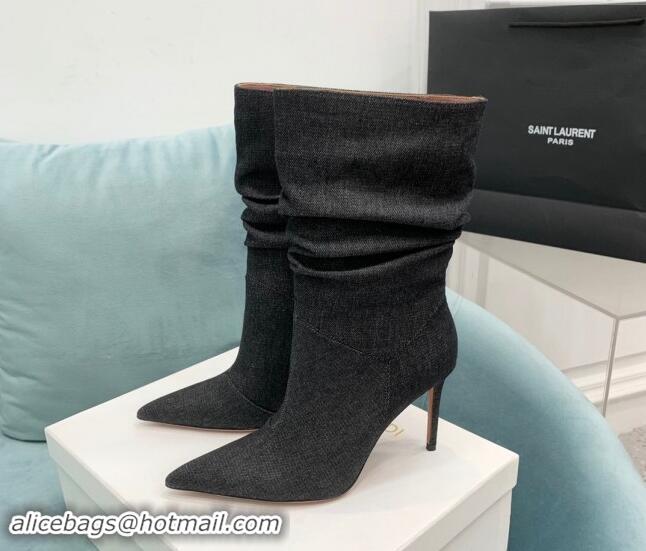 Stylish Amina Muaddi Jahleel Short Boots 9.5cm in Denim Black 903008