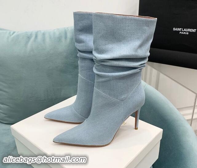 Hot Style Amina Muaddi Jahleel Short Boots 9.5cm in Denim Light Blue 903009