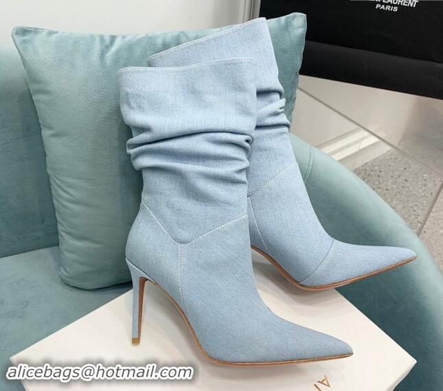 Hot Style Amina Muaddi Jahleel Short Boots 9.5cm in Denim Light Blue 903009