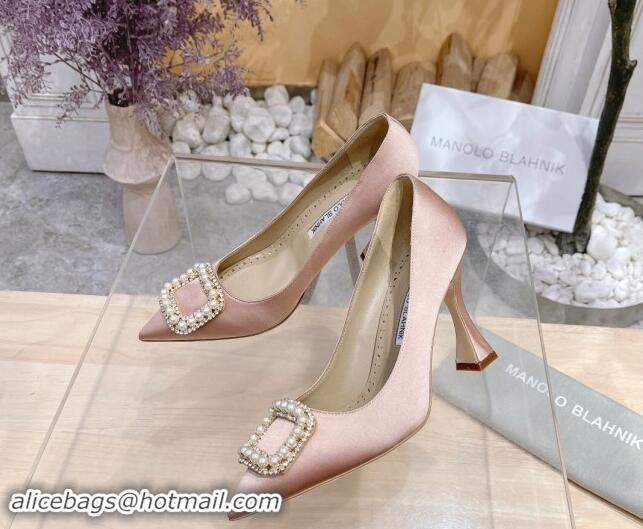 Best Price Manolo Blahnik Classic Silk Pumps 7/9.5cm with Pearls Buckle Light Pink 507001