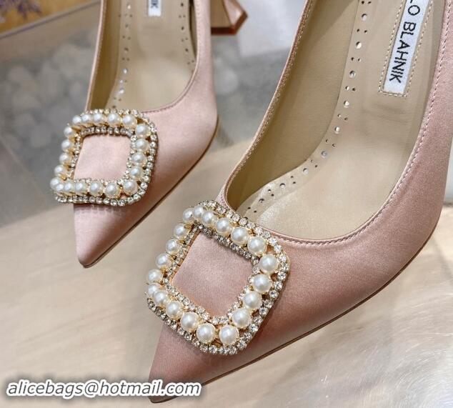 Best Price Manolo Blahnik Classic Silk Pumps 7/9.5cm with Pearls Buckle Light Pink 507001