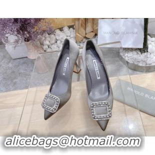 Top Design Manolo Blahnik Classic Silk Pumps 7/9.5cm with Pearls Buckle Grey 507002