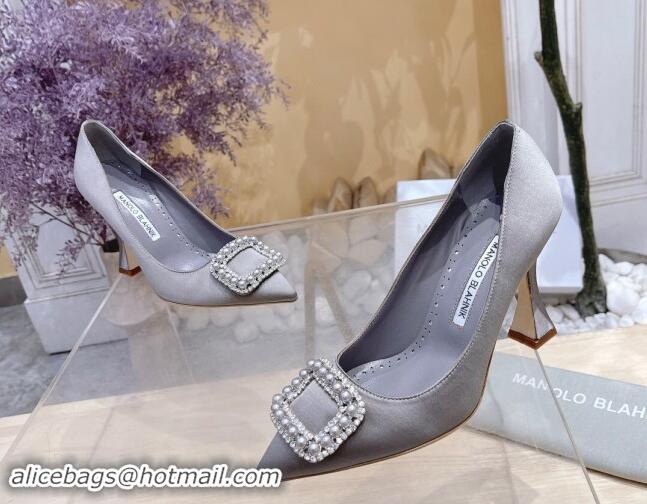 Top Design Manolo Blahnik Classic Silk Pumps 7/9.5cm with Pearls Buckle Grey 507002